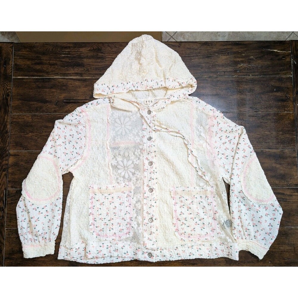 POL Floral Lace Hoodie S Jacket Boho Coquette Cottagecore Balloon Sleeve Shacket - Picture 2 of 14